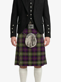 Person wearing a black jacket, purple plaid kilt, and white knee-high socks on a white background