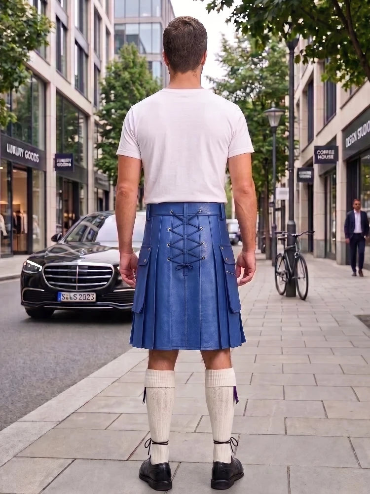 Royal Blue Cow Leather Utility Kilts for Men