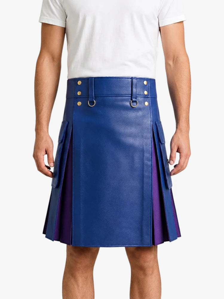Royal Blue Leather Kilt With Purple Pleats