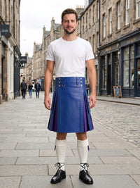 Royal Blue Leather Kilt With Purple Pleats Front Side