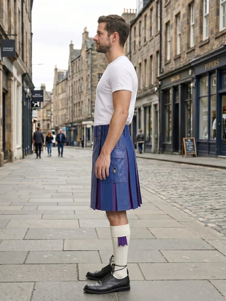Royal Blue Leather Kilt With Purple Pleats Left Side