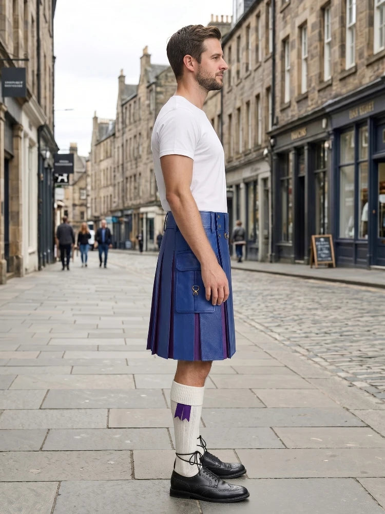 Royal Blue Leather Kilt With Purple Pleats Right Side