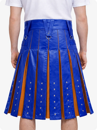 Royal Blue pleated skirt with brown accents worn by a person on a white background