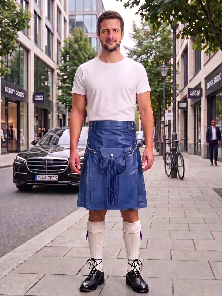 Royal Blue Leather Utility Kilt with Sporran