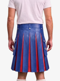 A person shown from the back wearing a blue leather pleated kilt with red pleated lining and silver-tone metal hardware, paired with a light pink t-shirt and white socks, against a plain light gray background.