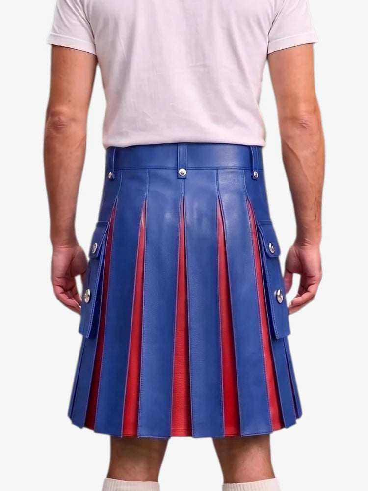 A person shown from the back wearing a blue leather pleated kilt with red pleated lining and silver-tone metal hardware, paired with a light pink t-shirt and white socks, against a plain light gray background.