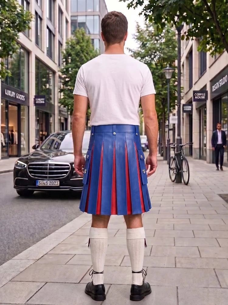 Royal Blue With Red Cowhide Leather Hybrid Utility Kilt