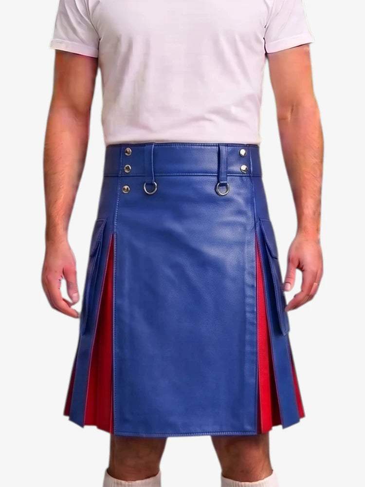 A person wearing a blue faux-leather kilt with red side panels and silver metal hardware, paired with a light pink t-shirt against a plain white background.