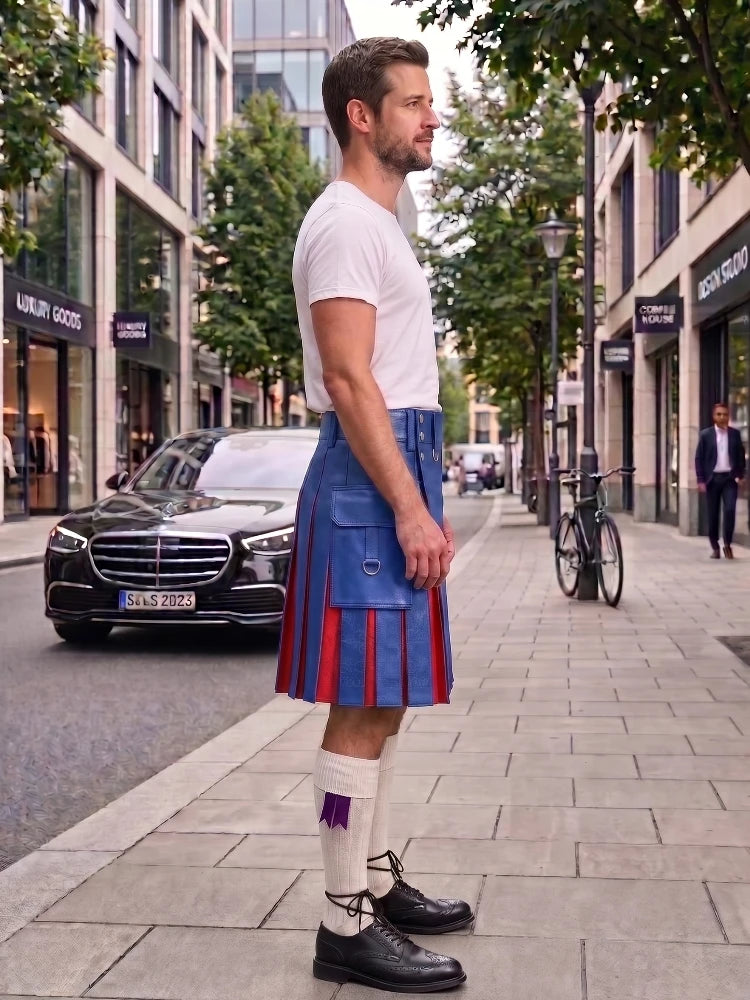 A man standing on a city sidewalk wearing a blue and red pleated kilt, a white t-shirt, white socks, and black leather shoes, with a street scene in the background.