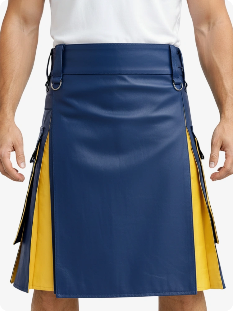 Royal Blue & Yellow Leather Utility Kilt with Cargo Pockets