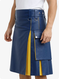 Blue and yellow skirt worn by a person on a white background