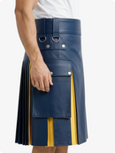 Person wearing a blue and yellow pleated skirt on a white background