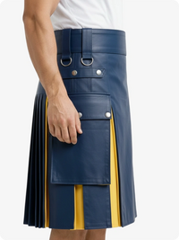 Person wearing a blue and yellow pleated skirt on a white background