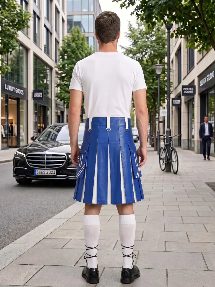 Royal Blue and White Leather Hybrid Utility Kilt