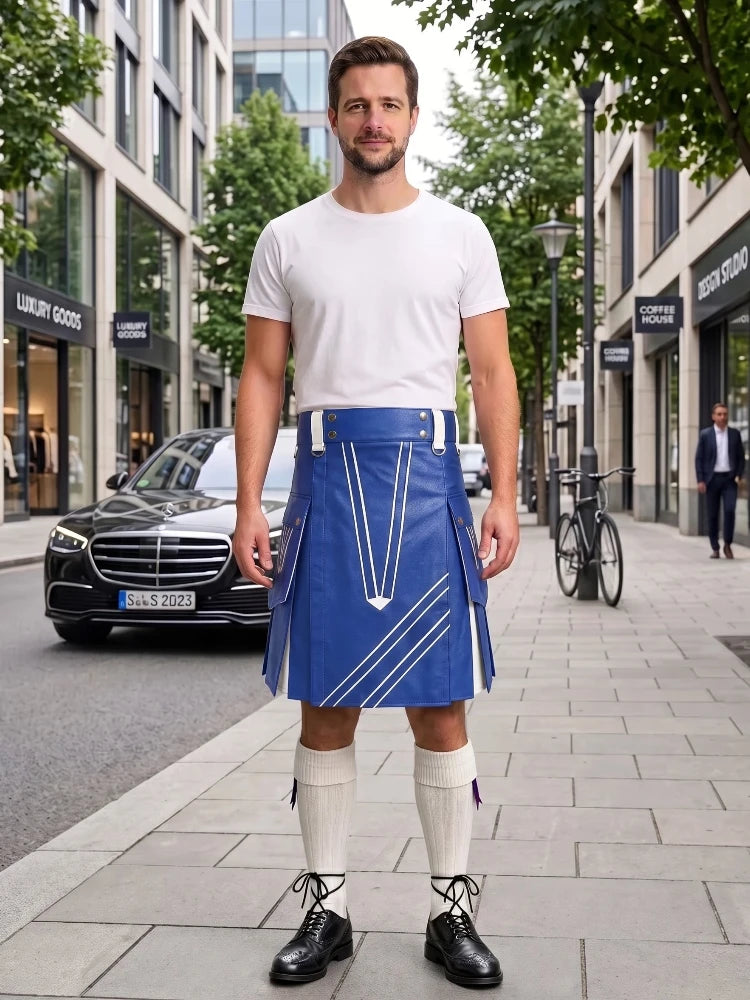 Royal Blue and White Leather Hybrid Utility Kilt
