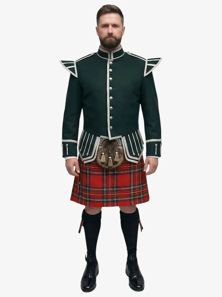 Royal Stewart Tartan Doublet Kilt Outfit with Dark Green Jacket