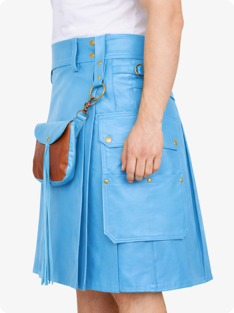 Sky blue cyan kilt with gold buttons and a brown pouch