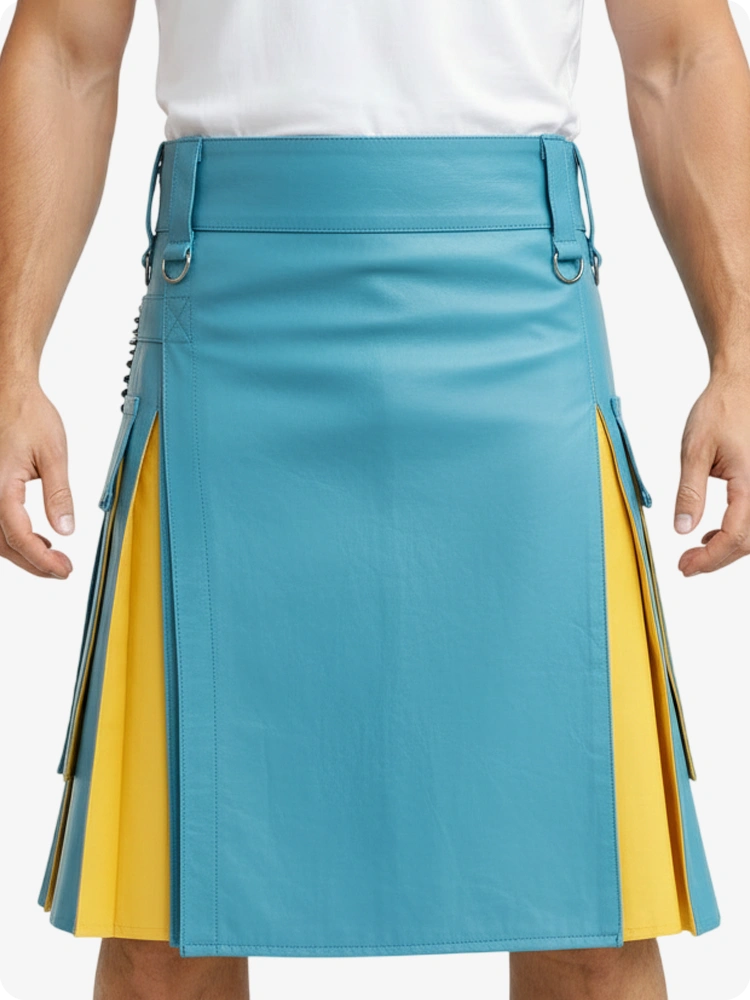 Sky Blue & Yellow Leather Utility Kilt with Cargo Pockets