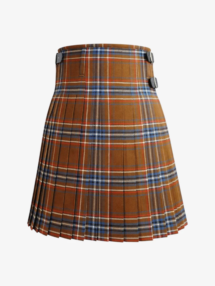 Plaid kilt with brown, blue, and white pattern on a white background
