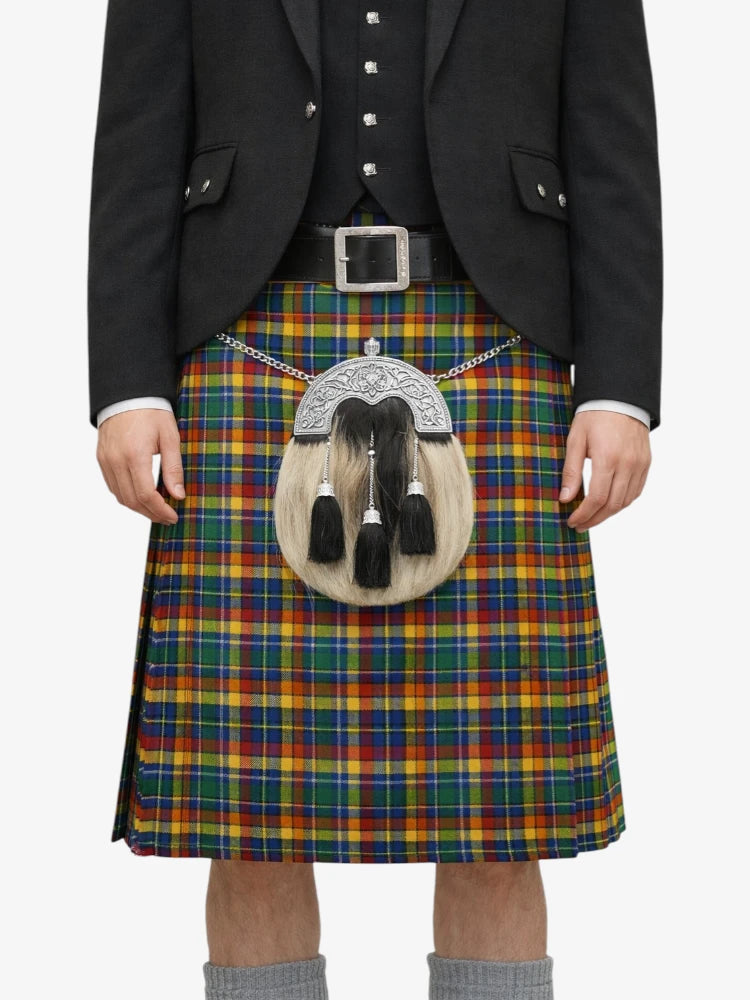 Person wearing a traditional Scottish kilt with a tartan pattern on a white background