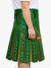 Standard Green leather kilt with orange accents on a white background