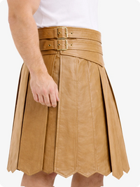 Tan Leather Highland Kilt Adjustable Buckle Waist & Classic Pleats
