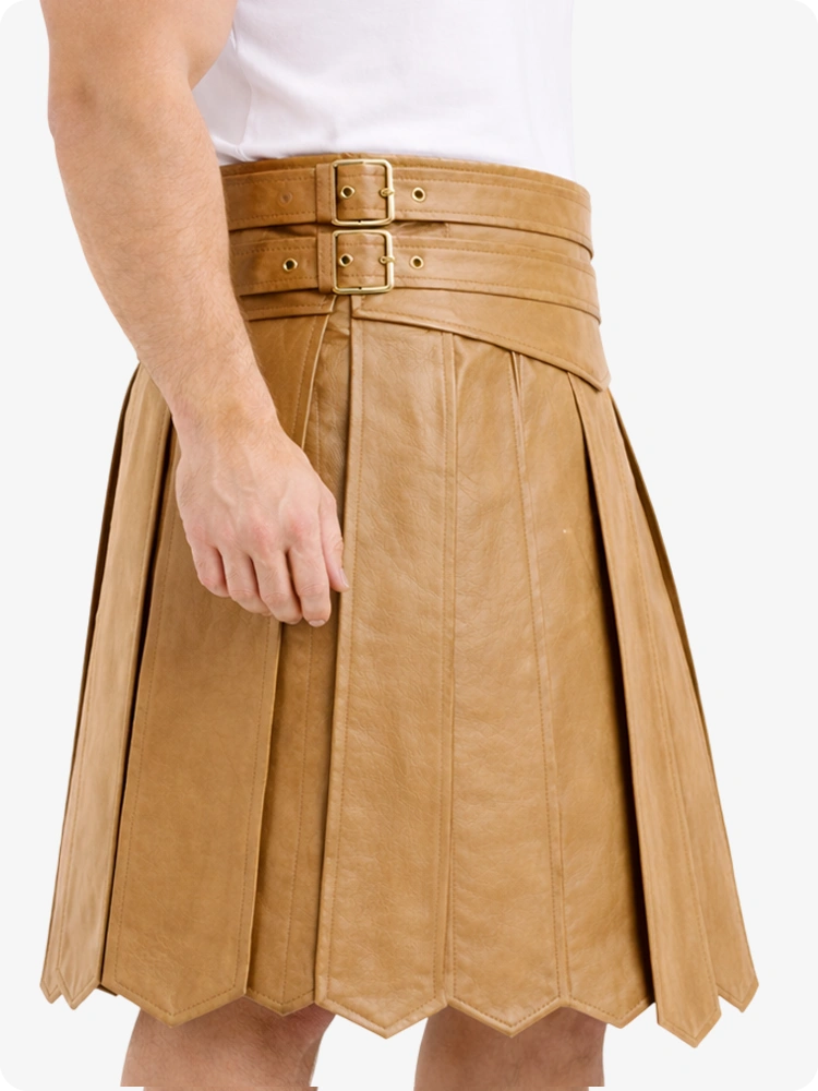 Tan Leather Highland Kilt Adjustable Buckle Waist & Classic Pleats
