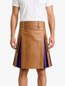 Tan Leather Kilt With Purple Pleats