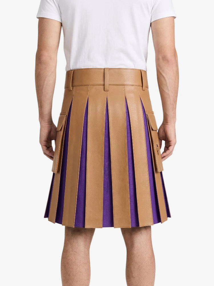 Tan Leather Kilt With Purple Pleats Back