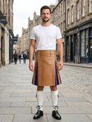 Tan Leather Kilt With Purple Pleats Front Side