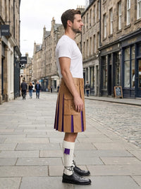 Tan Leather Kilt With Purple Pleats Right Side