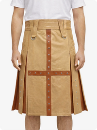 Tan kilt with brown straps and silver buttons on a white background