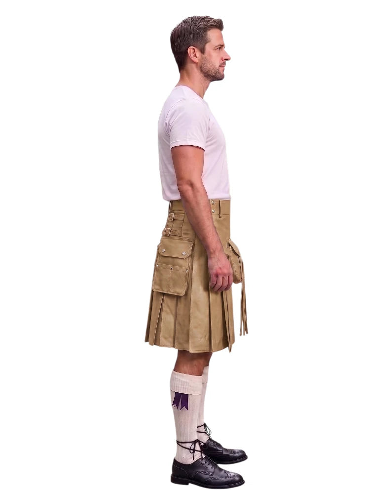 A man shown in profile wearing a tan leather kilt with multiple flap pockets, a white t-shirt, white knee-high socks, and black leather shoes, isolated on a white background.