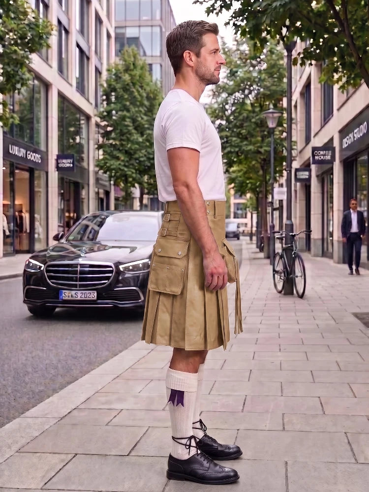 A man standing on a city sidewalk wearing a tan kilt, white t-shirt, white socks, and black leather shoes, with a street scene and parked cars in the background.