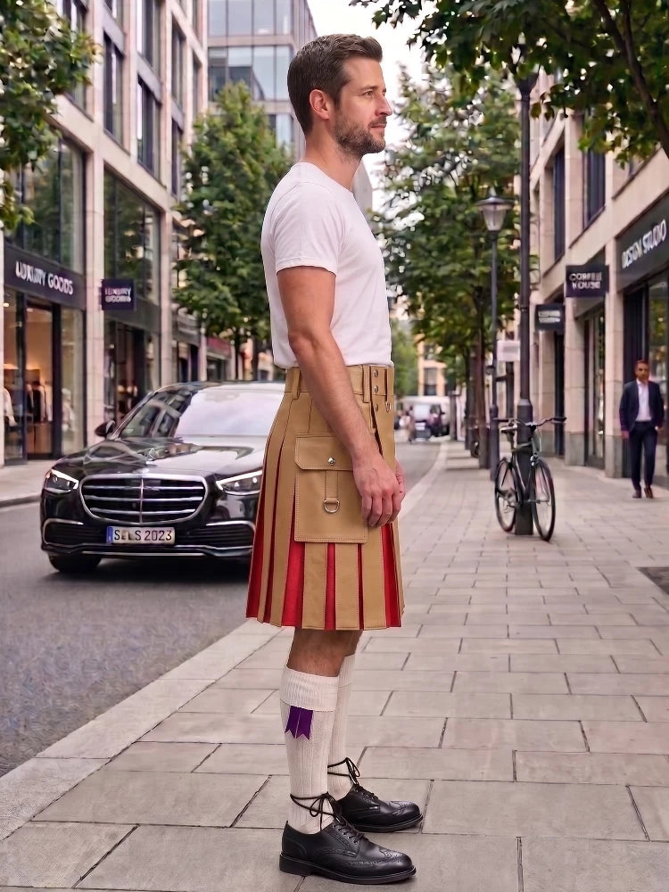 A man stands on a city sidewalk wearing a beige kilt with red pleated side panels, a white t-shirt, white socks, and black shoes. The background shows a street with parked cars, trees, and storefronts.