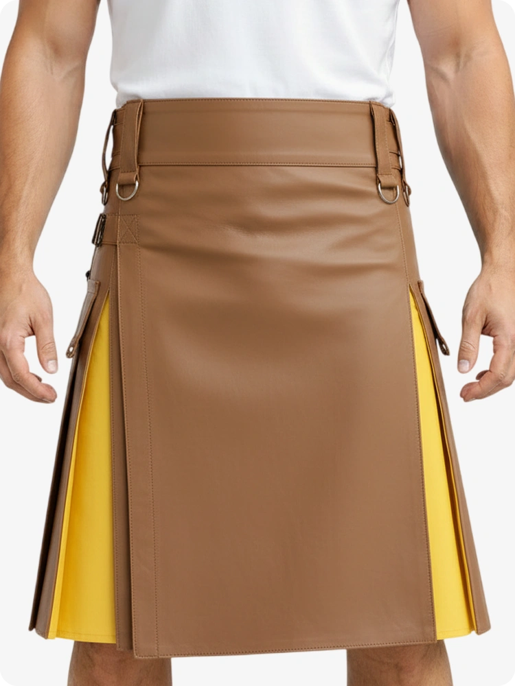 Tan & Yellow Leather Utility Kilt with Cargo Pockets