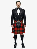 Man wearing a formal black prince charlie jacket with a wallace tartan kilt on a white background