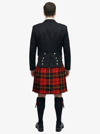 Person wearing a black prince charlie  jacket and wallace plaid kilt on a white background