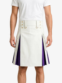 White Leather Kilt With Purple Pleats