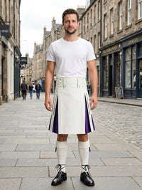 White Leather Kilt With Purple Pleats Front Side