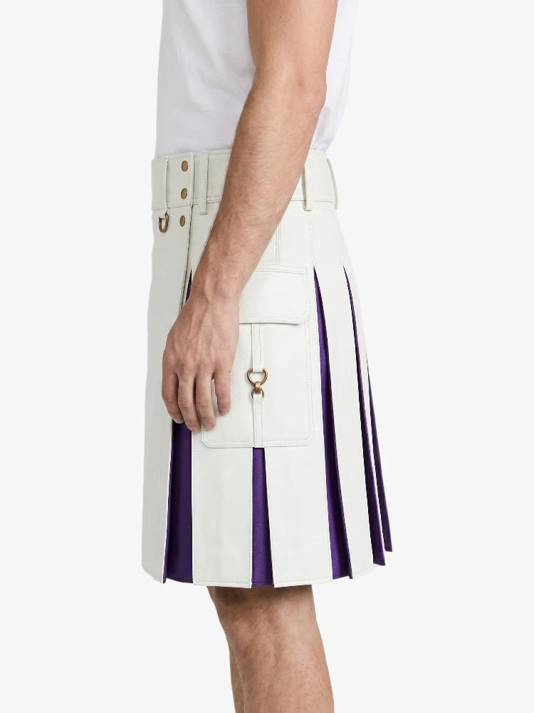 White Leather Kilt With Purple Pleats Left