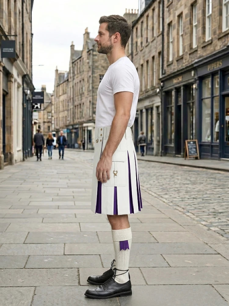 White Leather Kilt With Purple Pleats Left Side