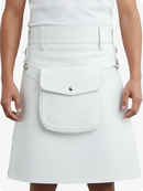 White denim skirt with a front pocket worn by a person
