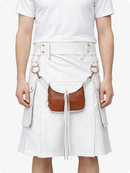 Person wearing a white Leather Kilt with a brown leather bag on a white background