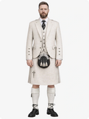 Man wearing a traditional Scottish kilt with a white background