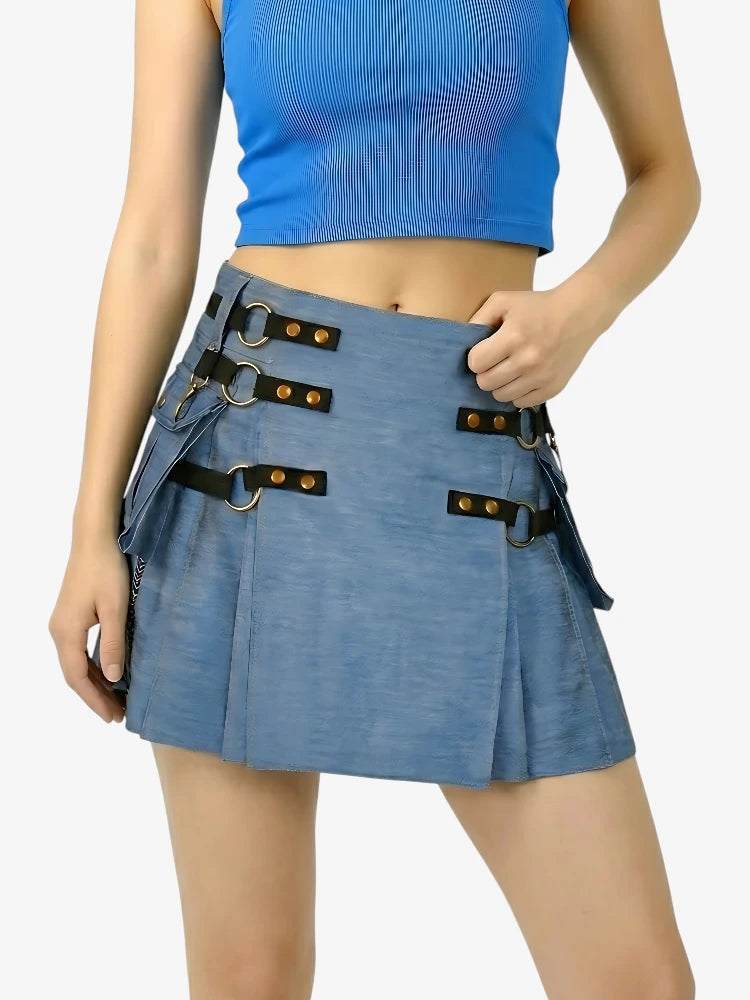 Women Adjustable Strap Blue Denim Kilt