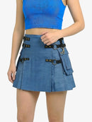 Blue skirt with black belt and gold buckles worn by a person on a white background
