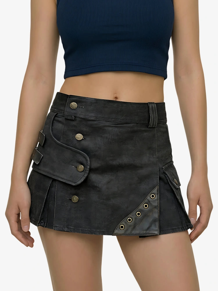Women Black Denim Utility Strap Kilt