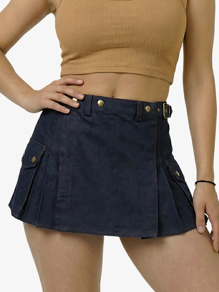 Women Navy Blue Denim Kilt With Red Thread