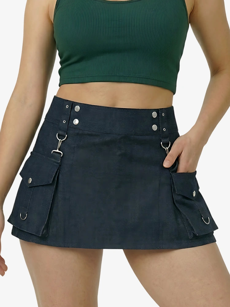Women Blue Denim kilt With Buckles